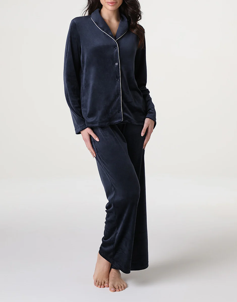 Pigiama Lungo aperto in Ciniglia, blu notte